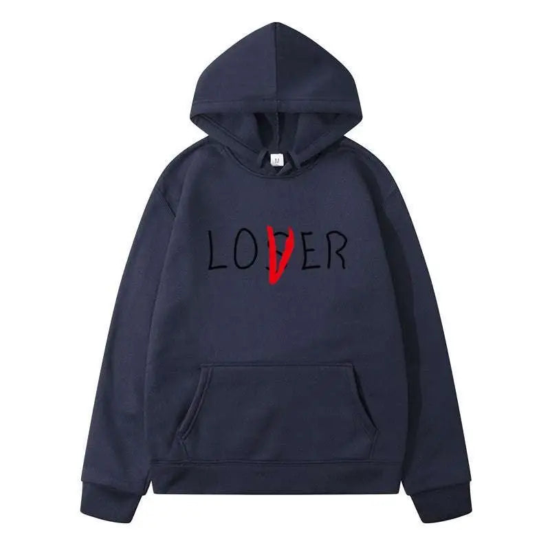 Navy blue lover winter clothes hoodie with black and red lover printed on the chest for cold weather wear