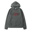 Navy blue lover winter clothes hoodie in dark gray with front pocket and loser printed featuring a red slash design