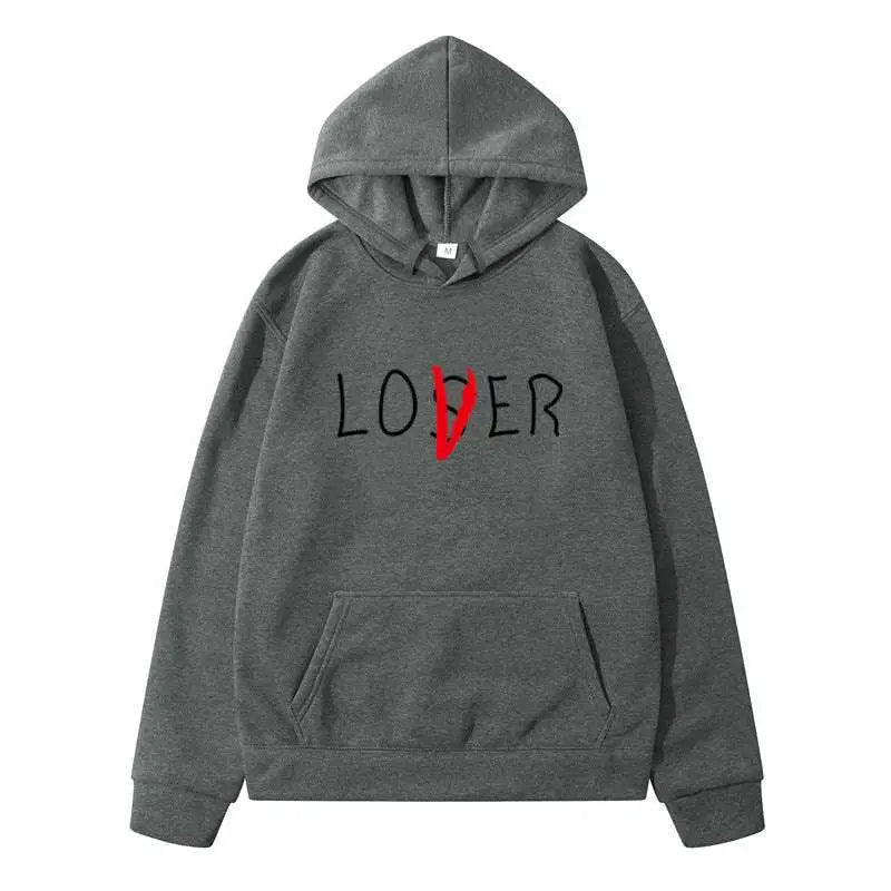 Navy blue lover winter clothes hoodie in dark gray with front pocket and loser printed featuring a red slash design