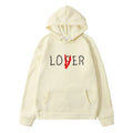 Cream-colored winter clothes hoodie with loser printed in black and red, part of the navy blue lover collection