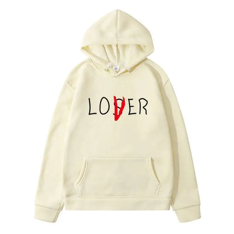Cream-colored winter clothes hoodie with loser printed in black and red, part of the navy blue lover collection