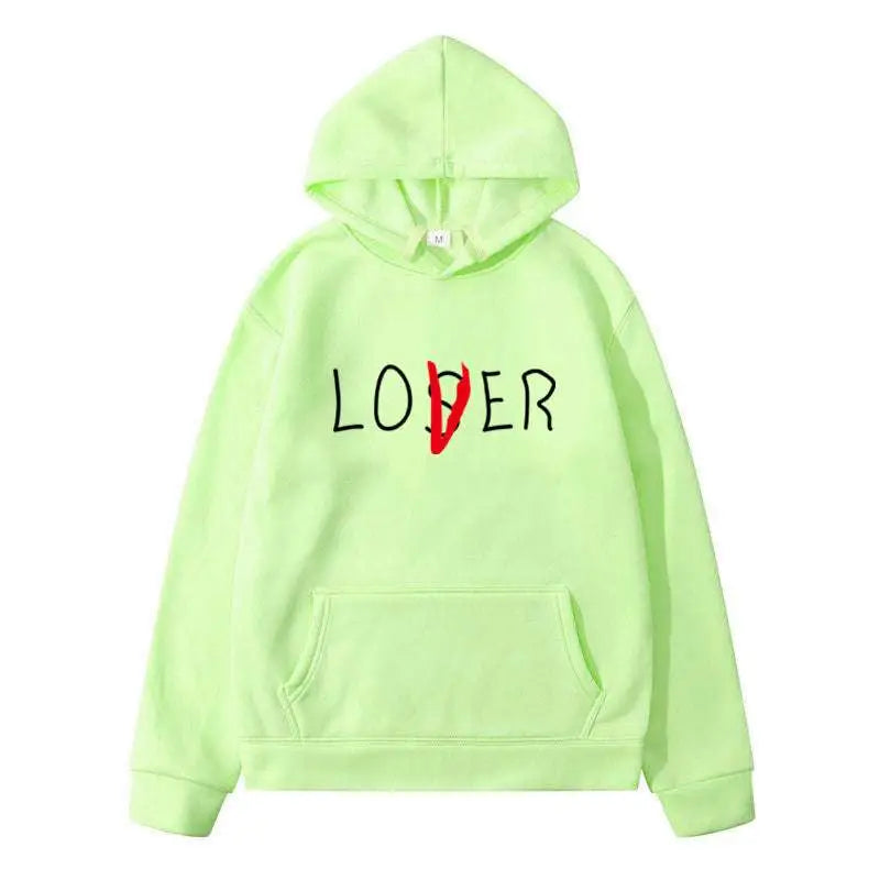 Neon green winter clothes hoodie with loser printed in black and a red slash through the o for navy blue lover fans