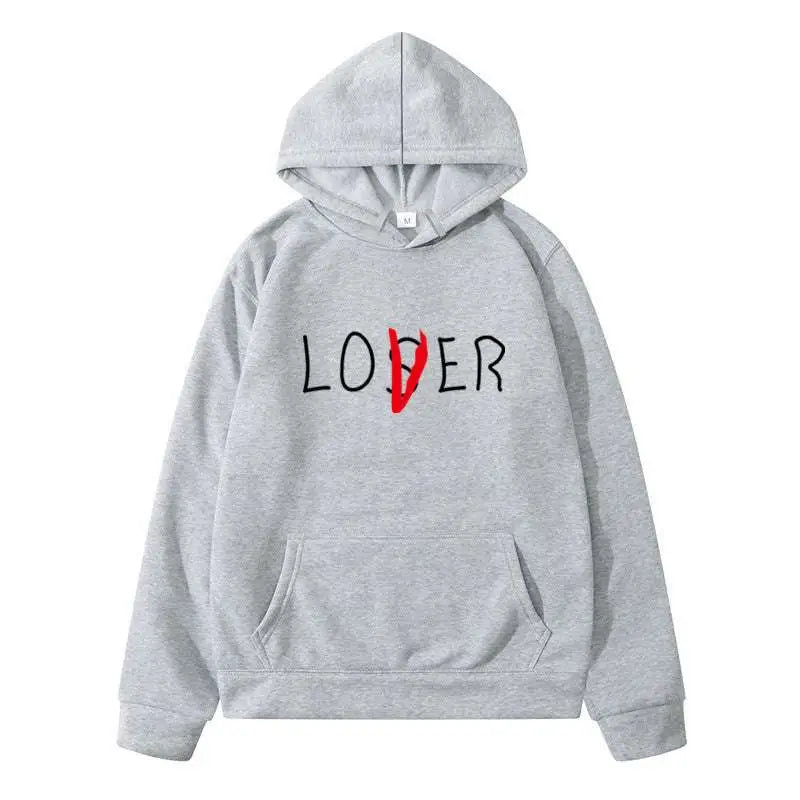 Navy blue lover winter clothes hoodie in gray heather fabric with loser printed and a red slash through the o