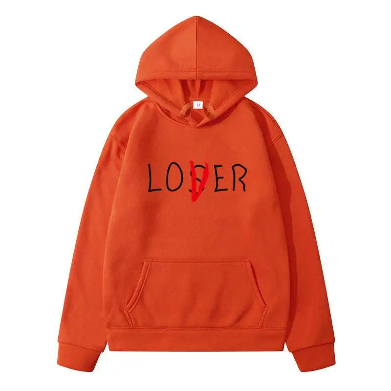 Orange winter clothes hoodie with loser printed in black and a red slash through the i for navy blue lover collection