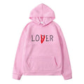 Pink winter clothes hoodie with loser printed in black and a red slash through the o from navy blue lover collection