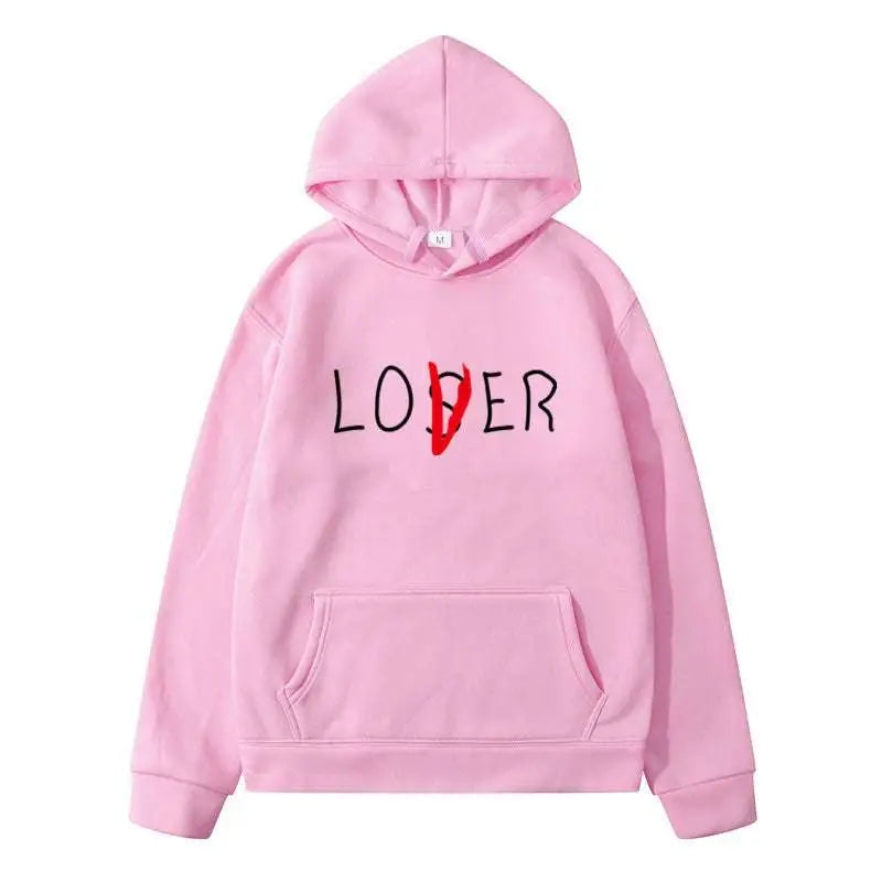 Pink winter clothes hoodie with loser printed in black and a red slash through the o from navy blue lover collection