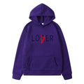 Navy blue lover winter clothes hoodie with purple fabric and black lover printed featuring red heart detail