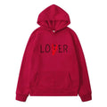 A vibrant red winter clothes hoodie featuring loser printed in black with a red heart for navy blue lover style