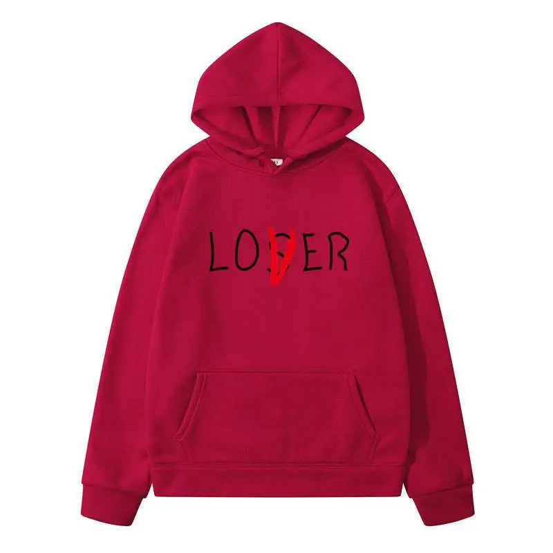 A vibrant red winter clothes hoodie featuring loser printed in black with a red heart for navy blue lover style