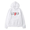 White winter clothes hoodie with loser printed in black and a red slash on the o from the navy blue lover collection