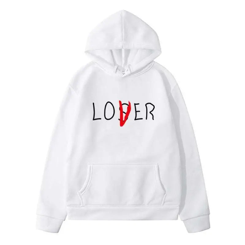 White winter clothes hoodie with loser printed in black and a red slash on the o from the navy blue lover collection