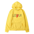 Bright yellow winter clothes hoodie with loser printed on chest and red slash through the o in navy blue lover style