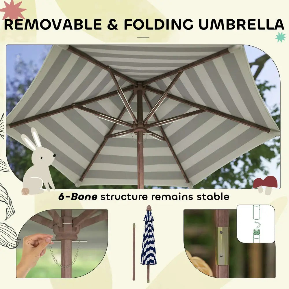 Gray and white striped removable folding umbrella with 6-bone structure for navy blue outdoor wooden kids picnic table set