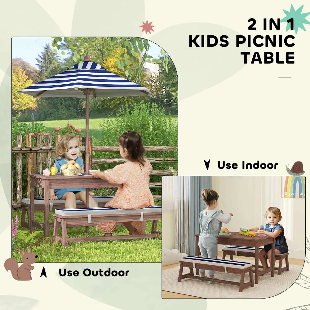 Navy blue outdoor wooden kids picnic table set with navy and white striped patio umbrella and matching wooden pole
