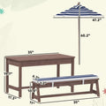 Navy blue outdoor wooden kids picnic table set with navy and white striped patio umbrella and wooden pole