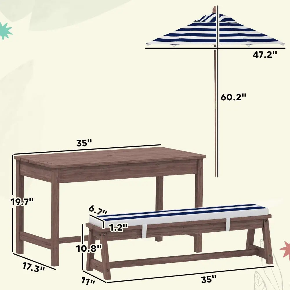 Navy blue outdoor wooden kids picnic table set with navy and white striped patio umbrella and wooden pole