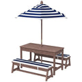 Navy blue outdoor wooden kids picnic table set with navy and white striped patio umbrella and matching wooden pole