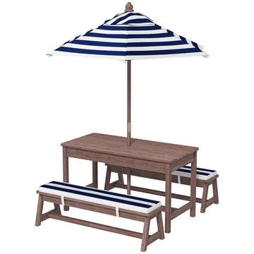 Navy blue outdoor wooden kids picnic table set with navy and white striped patio umbrella and matching wooden pole