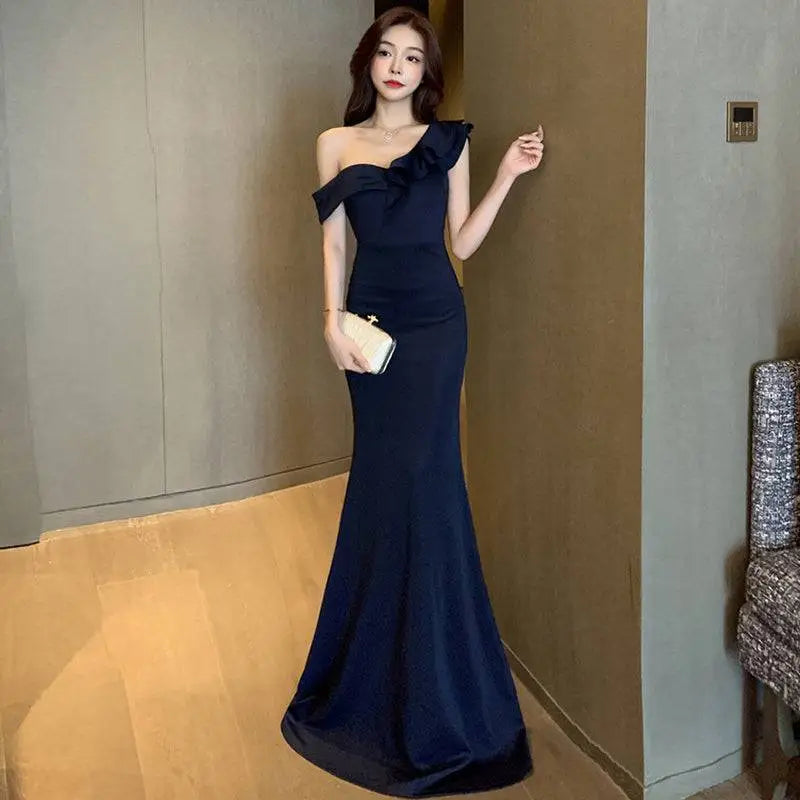 Navy blue satin mermaid gown with single shoulder ruffle detail in celebrity french style for party temperament celebrity