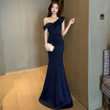 Navy blue satin mermaid gown with single shoulder ruffle detail in celebrity french style for party temperament celebrity