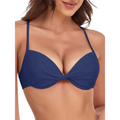 Navy blue underwire molded bikini top with soft pads and a center twist design for comfortable support