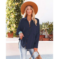 Navy dropped shoulder bat casual long sleeve shirt with subtle texture and matching brown buttons