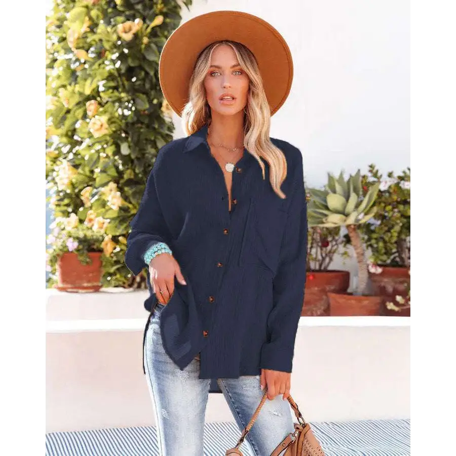 Navy dropped shoulder bat casual long sleeve shirt with subtle texture and matching brown buttons