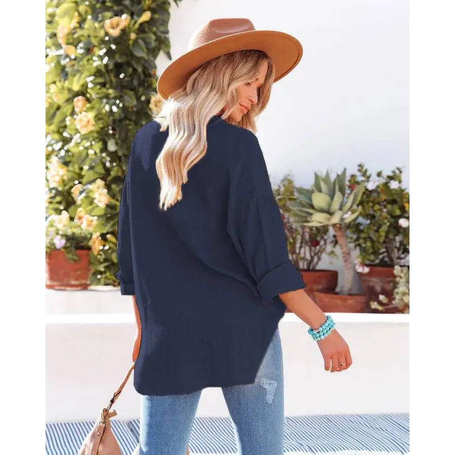 Navy dropped shoulder bat oversized cotton blouse with rolled sleeves and relaxed fit for casual wear