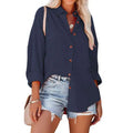 Navy dropped shoulder bat casual long sleeve shirt with rust-colored buttons and rolled sleeves