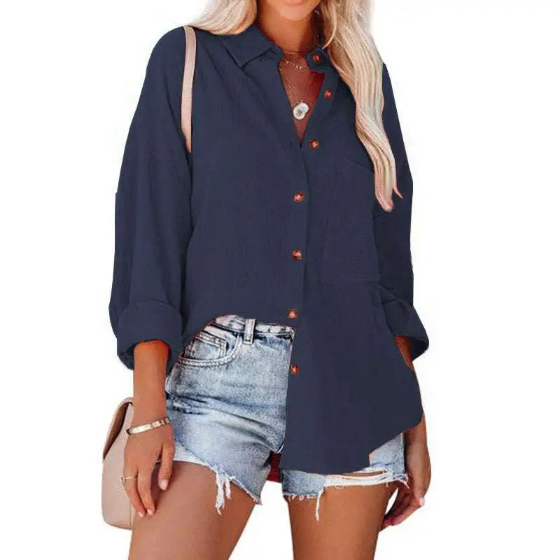 Navy dropped shoulder bat casual long sleeve shirt with rust-colored buttons and rolled sleeves