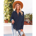 Navy dropped shoulder bat casual long sleeve shirt with subtle vertical pleats and matching brown buttons