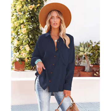 Navy dropped shoulder bat casual long sleeve shirt with subtle vertical pleats and matching brown buttons