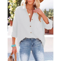 White loose-fitting button-down shirt with three-quarter sleeves and gold-toned buttons for navy dropped shoulder bat style