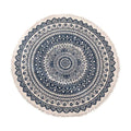 Navy mandala ethnic round carpet floor mat with intricate navy blue and cream mandala ethnic style patterns and fringed edge
