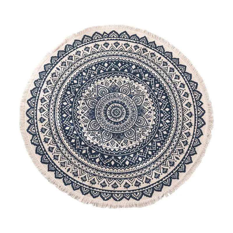 Navy mandala ethnic round carpet floor mat with intricate navy blue and cream mandala ethnic style patterns and fringed edge