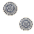 Two cream-colored circular carpet floor mats with navy mandala ethnic style patterns and fringed edges