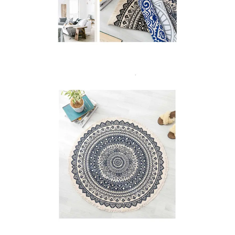 Circular carpet floor mat with intricate navy mandala ethnic style patterns in blue and white with cream fringe