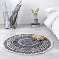 Circular navy mandala ethnic style carpet floor mat with white patterns and fringed edges for home decor