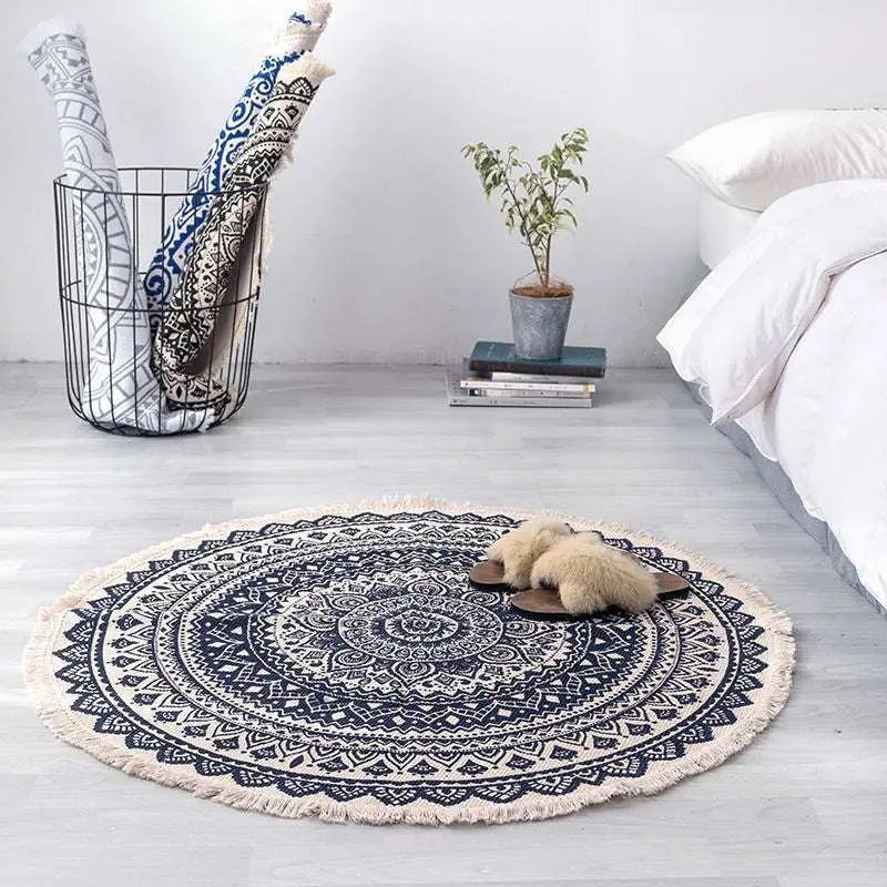 Circular navy mandala ethnic style carpet floor mat with white patterns and fringed edges for home decor