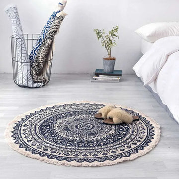 Circular navy mandala ethnic style carpet floor mat with white patterns and fringed edges for home decor