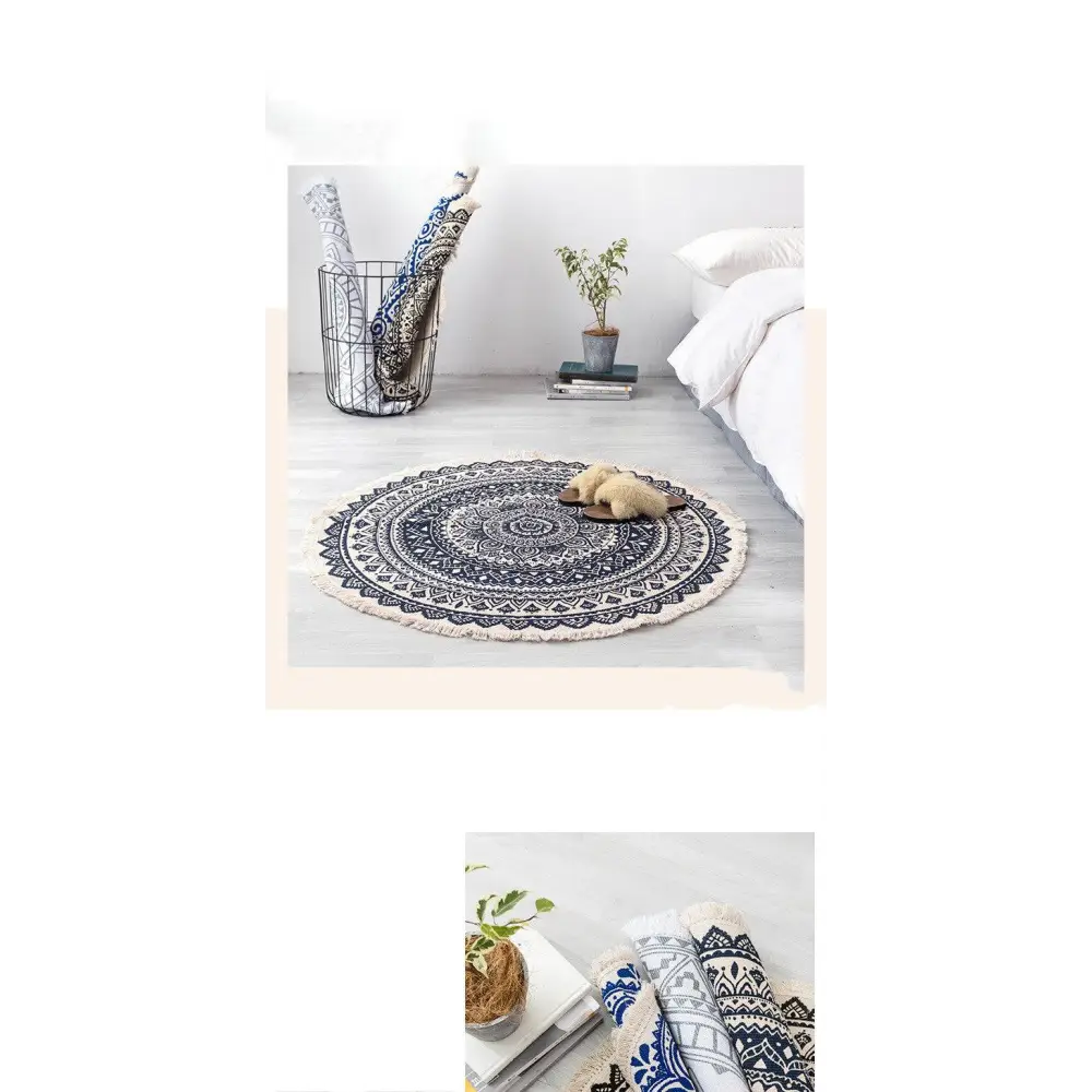 Circular navy mandala ethnic style carpet floor mat with white patterns and fringed edges for home decor