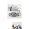 Circular navy mandala ethnic style carpet floor mat with white patterns and fringed edge for indoor decor