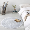 Navy mandala ethnic style round carpet floor mat with white base gray geometric mandala pattern and fringed edges