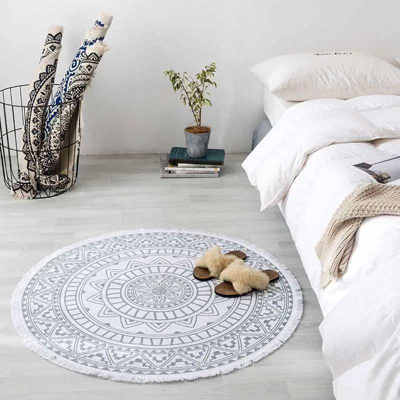Navy mandala ethnic style round carpet floor mat with white base gray geometric mandala pattern and fringed edges