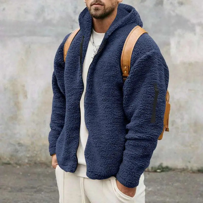 Navy plush hooded fleece jacket with zipper front and brown leather straps for loose casual wear