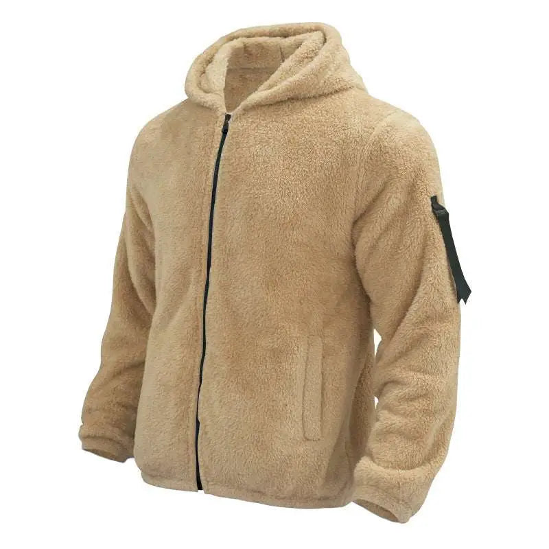 Tan fleece plush hooded jacket with black zipper and sleeve patch for casual wear