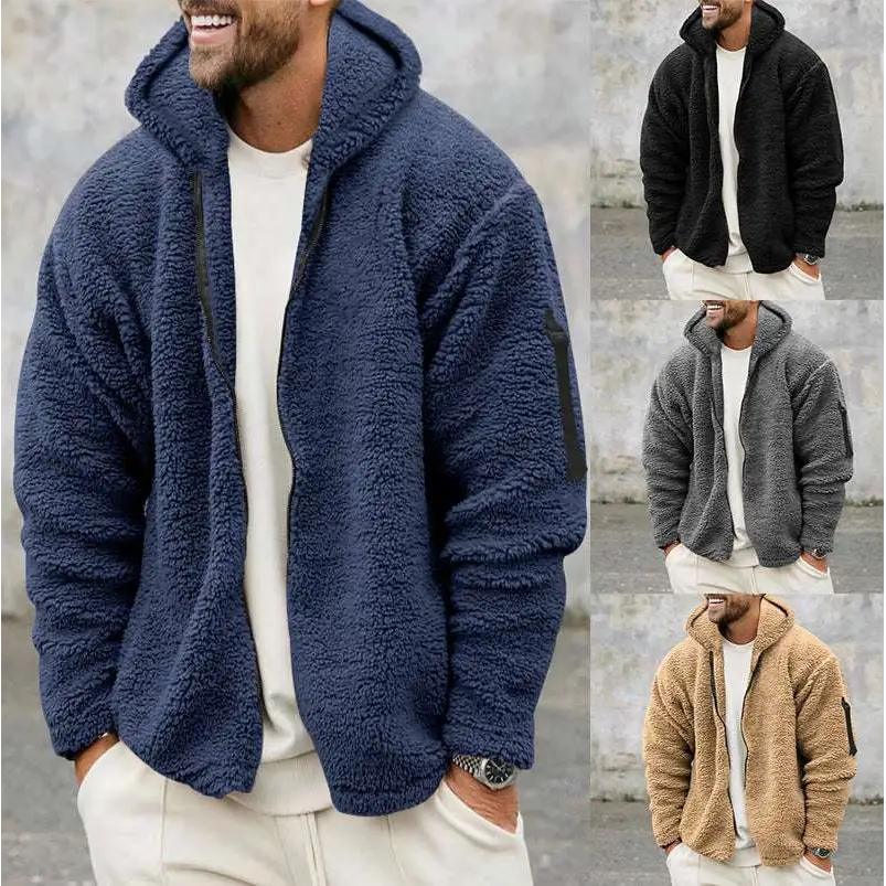 Navy plush hooded jacket with black zipper fleece lining and patch pocket for loose casual wear