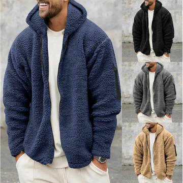 Navy plush hooded jacket with black zipper fleece lining and patch pocket for loose casual wear