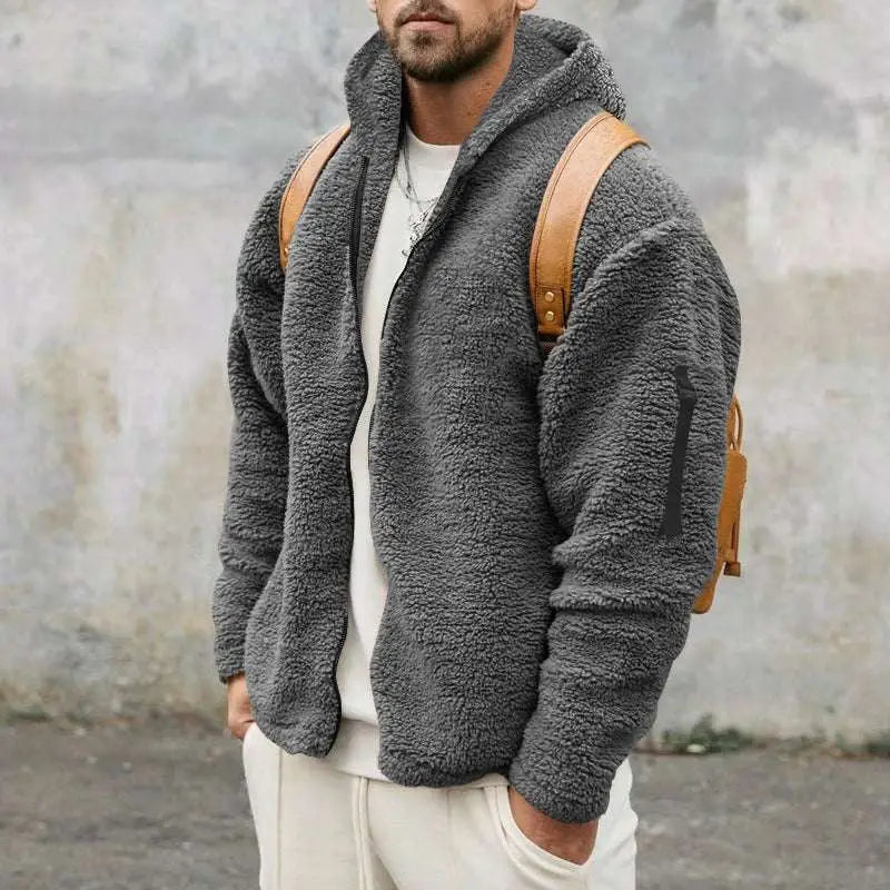 Gray fleece plush hooded jacket with black zipper front and brown leather shoulder straps for casual wear