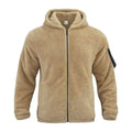 Navy plush hooded jacket with tan fleece, black zipper, and dark sleeve patch for loose casual wear